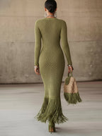 Olive Green Knit Fringe Hem Bodycon Maxi Dress