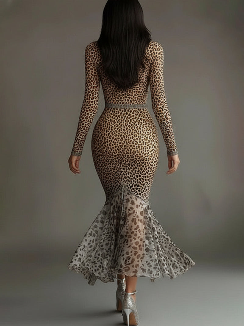 Leopard Print Deep V-Neck Mermaid Dress