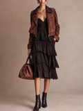 Dark Brown Lace Tiered Slip Midi Dress with Cropped Suede Moto Jacket Set