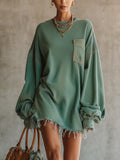 Green Denim Oversized Pocket Frayed Hem Mini Dress