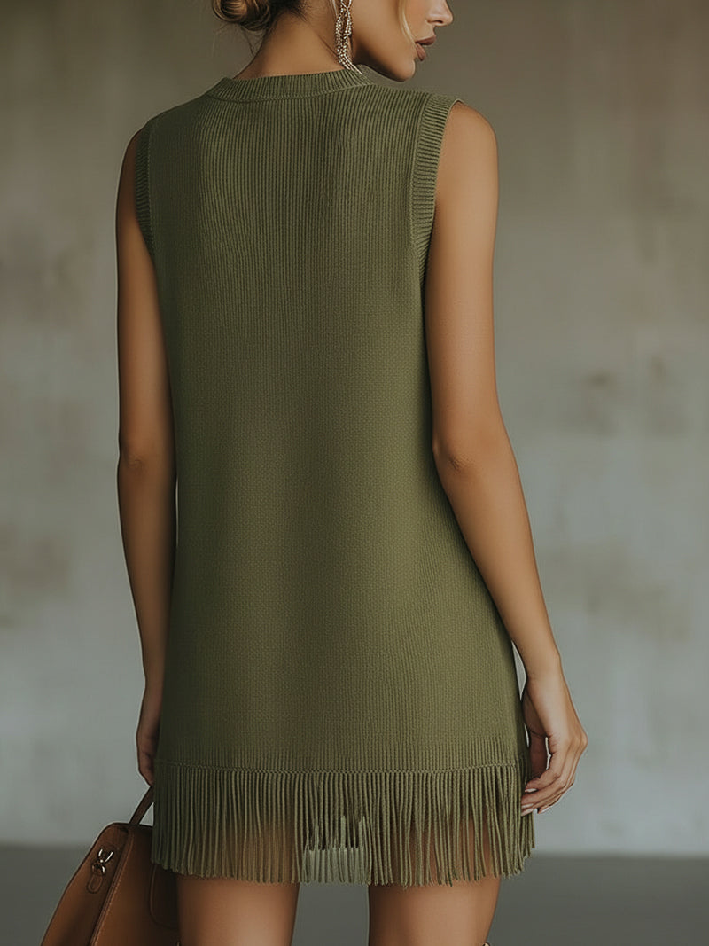 Olive Green Sleeveless Knit Mini Dress with Fringe Hem