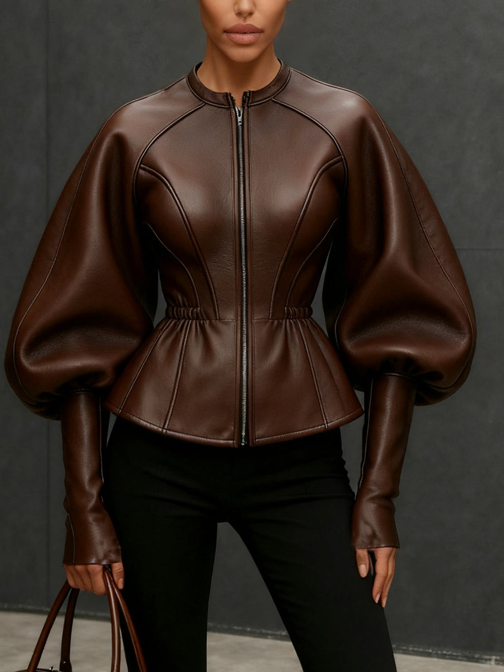Brown Faux Leather Jacket with Balloon Sleeves