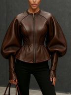 Brown Faux Leather Jacket with Balloon Sleeves