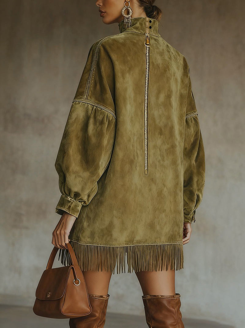 Olive Faux Suede Roll Neck Dress with Fringe Hem