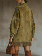 Olive Faux Suede Roll Neck Dress with Fringe Hem