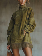 Olive Faux Suede Roll Neck Dress with Fringe Hem