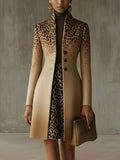 Khaki Ombre Leopard Print Long Coat with Gradient Detail