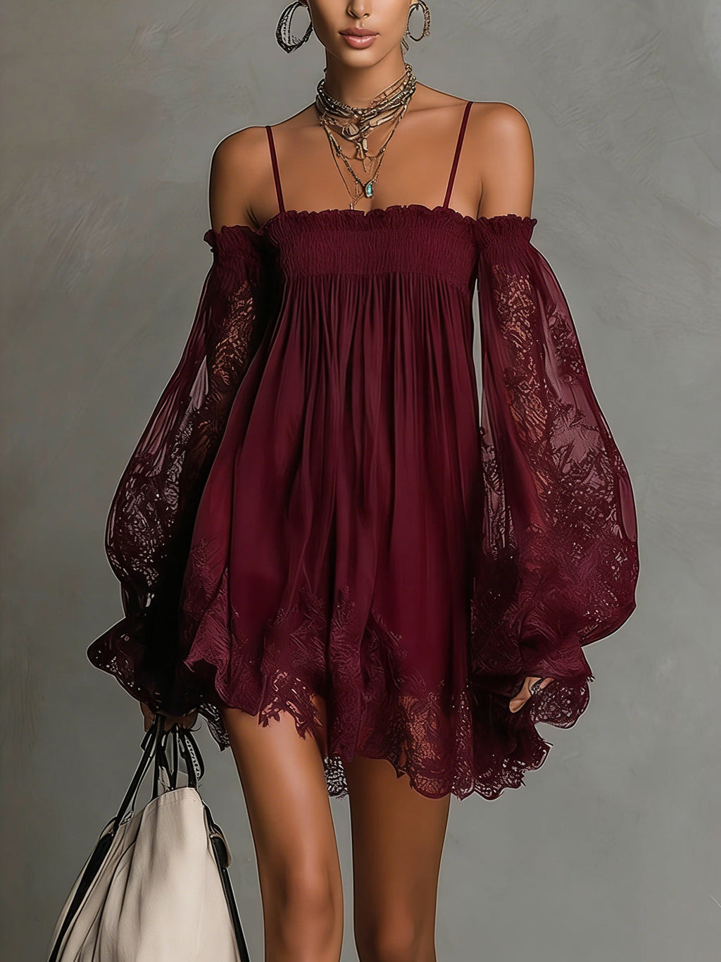 Navy Off-Shoulder Lace Trim Chiffon Mini Dress with Sheer Sleeves