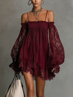 Navy Off-Shoulder Lace Trim Chiffon Mini Dress with Sheer Sleeves