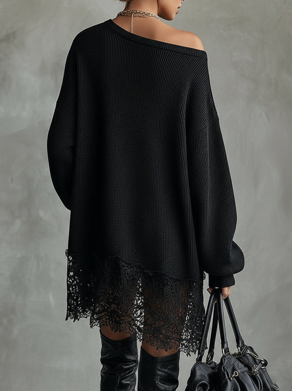 Black Oversized Mini Dress with Lace Hem