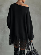 Black Oversized Mini Dress with Lace Hem