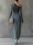 Blue Stretch Knit Chiffon Off-shoulder Maxi Dress with Slit Hem