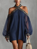 Navy Off-Shoulder Chiffon Mini Dress