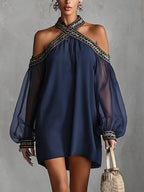 Navy Off-Shoulder Chiffon Mini Dress