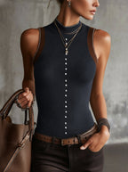 Grey Ribbed Knit Sleeveless Tank Top with Pearl Button Detailing