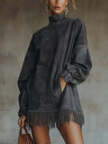 Olive Faux Suede Roll Neck Dress with Fringe Hem