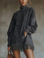 Olive Faux Suede Roll Neck Dress with Fringe Hem