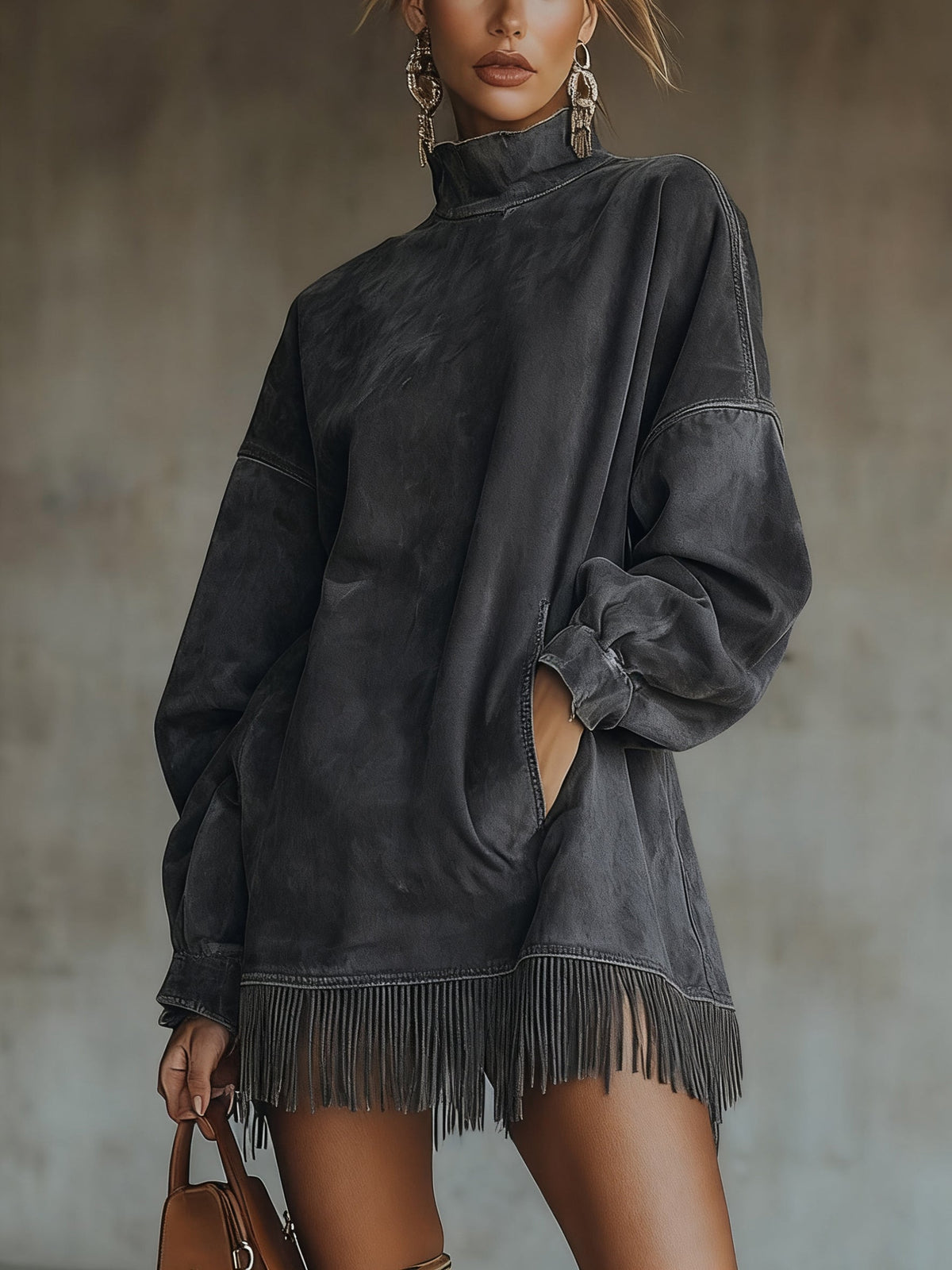 Olive Faux Suede Roll Neck Dress with Fringe Hem