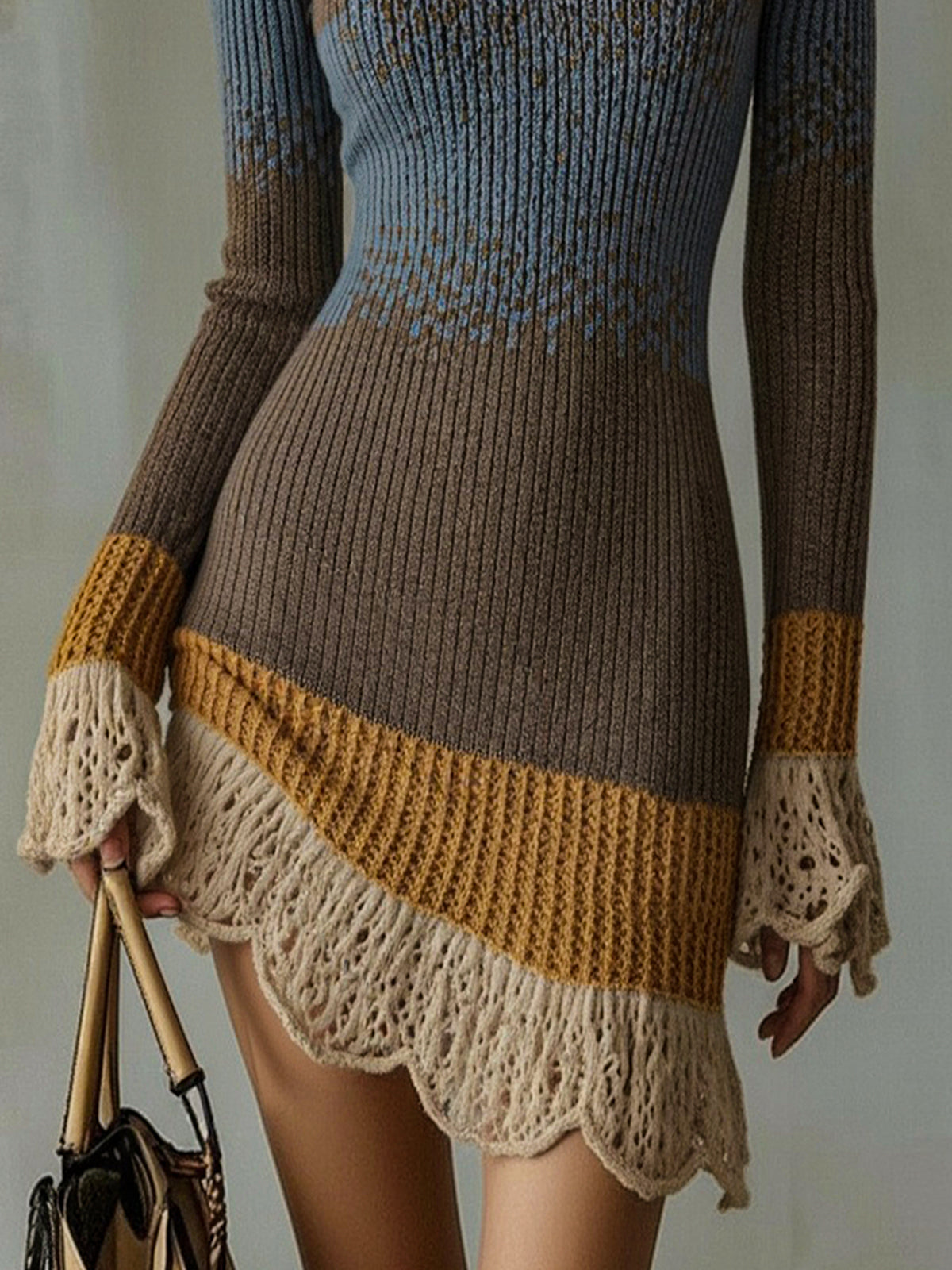 Multicolor Knit Mini Dress with Lace Ruffle Trim