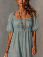 Blue Pleated Lace Midi Dress