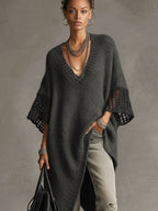 Grey Asymmetric Hem Loose Knit Dress with Crochet Mid Sleeves