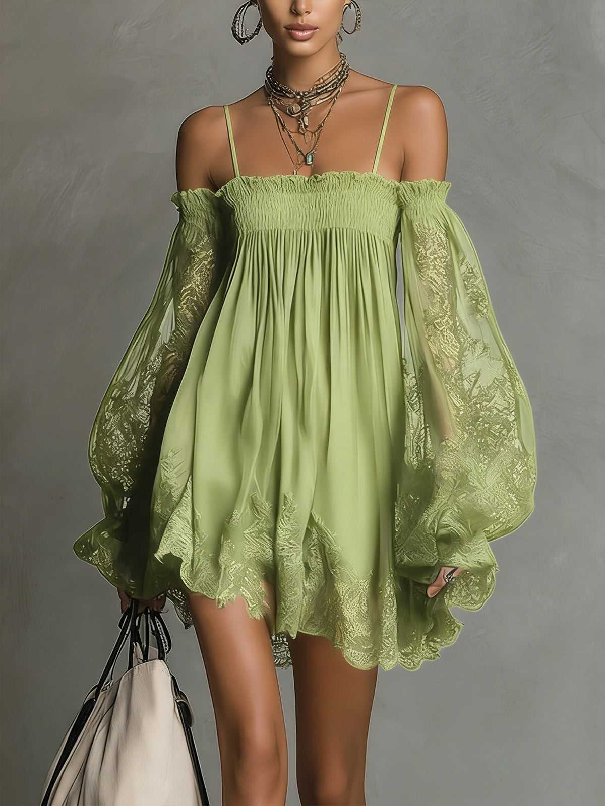 Navy Off-Shoulder Lace Trim Chiffon Mini Dress with Sheer Sleeves