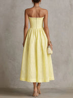 Yellow Strapless Floral Applique Midi Dress