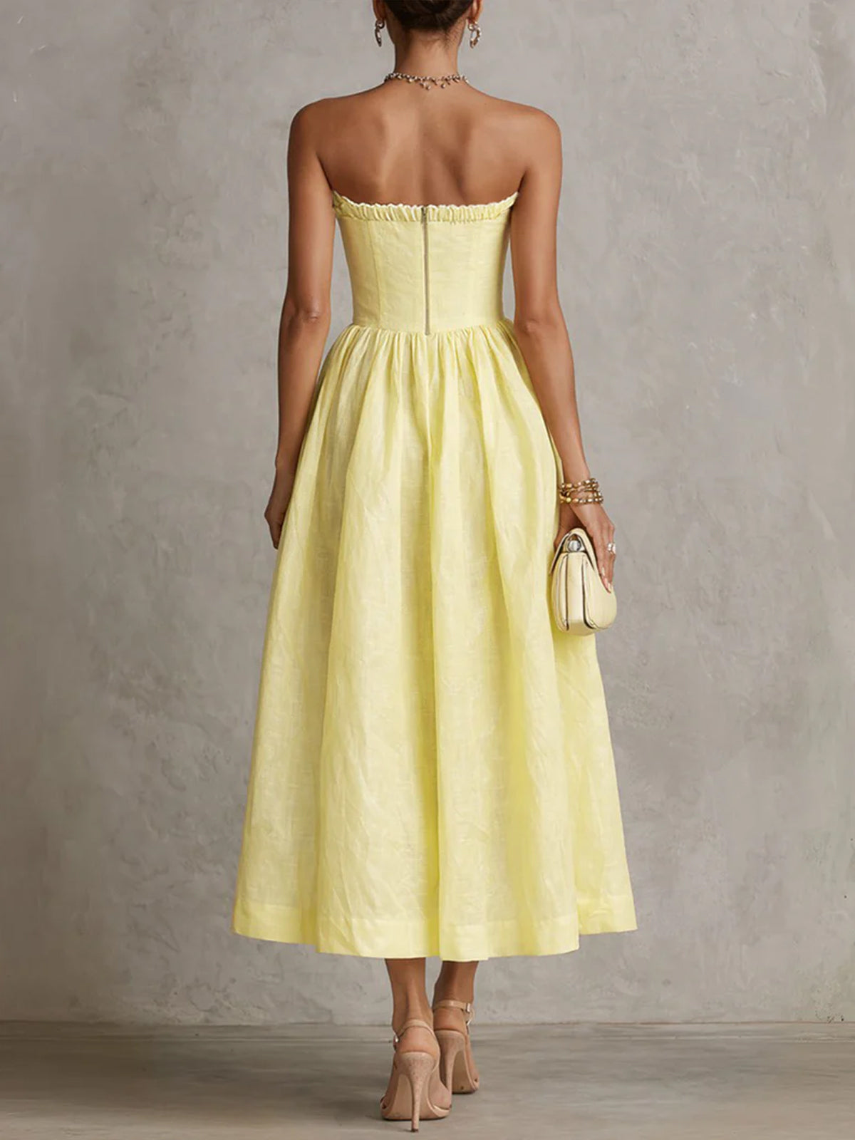 Yellow Strapless Floral Applique Midi Dress