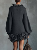 Grey Knit Mini Dress with Ruffled V-Neckline and Chiffon Hem