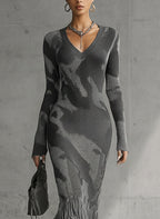 Olive Camo Knit V-Neck Fringe Hem Bodycon Dress