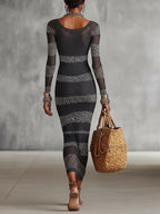 Grey and White Knit Bodycon Dress with Leopard Stripe Detailing