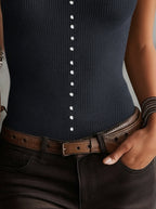 Grey Ribbed Knit Sleeveless Tank Top with Pearl Button Detailing