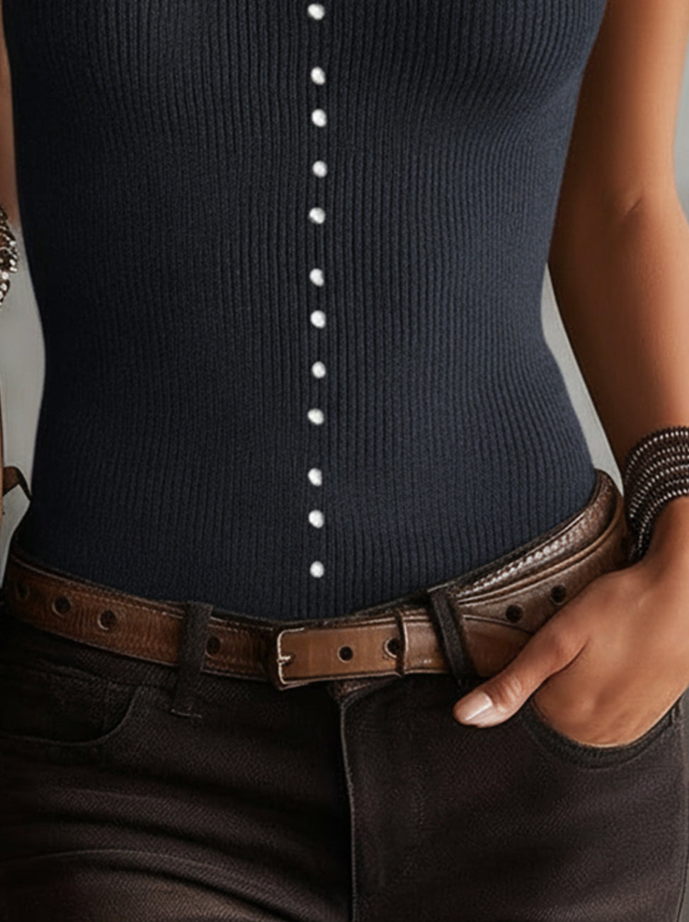 Grey Ribbed Knit Sleeveless Tank Top with Pearl Button Detailing