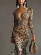 Leopard Print Deep V-Neck Mermaid Dress