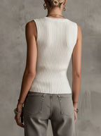 White Ribbed Knit Sleeveless Heart Pattern V-Neck Tank Top