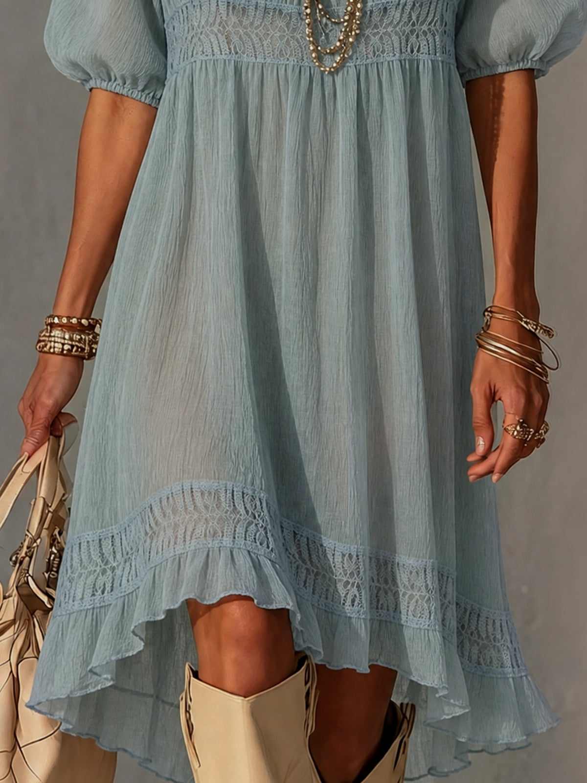 Blue Pleated Lace Midi Dress