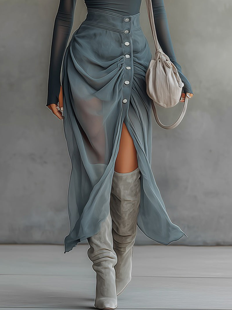 Blue Stretch Knit Chiffon Off-shoulder Maxi Dress with Slit Hem