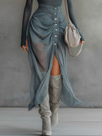 Blue Stretch Knit Chiffon Off-shoulder Maxi Dress with Slit Hem