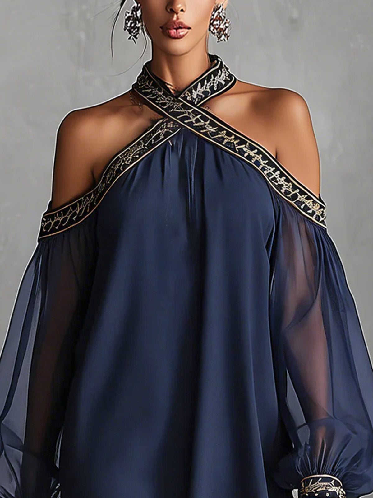 Navy Off-Shoulder Chiffon Mini Dress