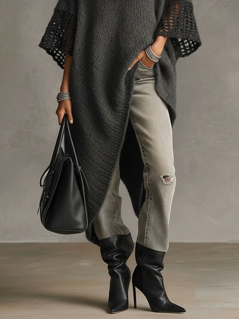 Grey Asymmetric Hem Loose Knit Dress with Crochet Mid Sleeves