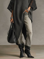 Grey Asymmetric Hem Loose Knit Dress with Crochet Mid Sleeves