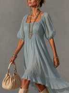 Blue Pleated Lace Midi Dress