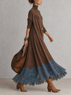Vintage Brown Suede Feel Long Sleeve Lace Hem Maxi Dress