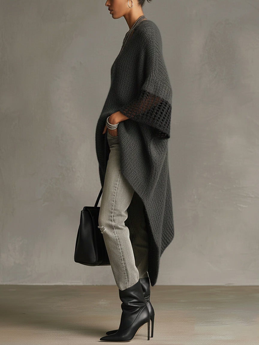 Grey Asymmetric Hem Loose Knit Dress with Crochet Mid Sleeves
