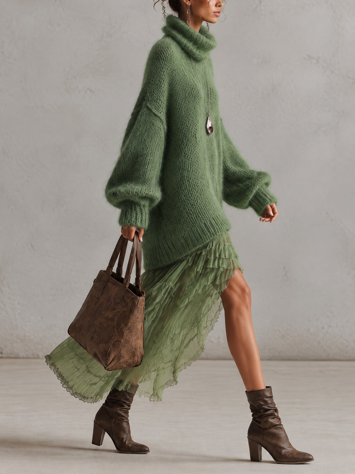 Green Oversized Mohair Knit Roll Neck Midi Dress with Chiffon Ruffle Hem