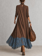 Vintage Brown Suede Feel Long Sleeve Lace Hem Maxi Dress