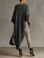 Grey Asymmetric Hem Loose Knit Dress with Crochet Mid Sleeves