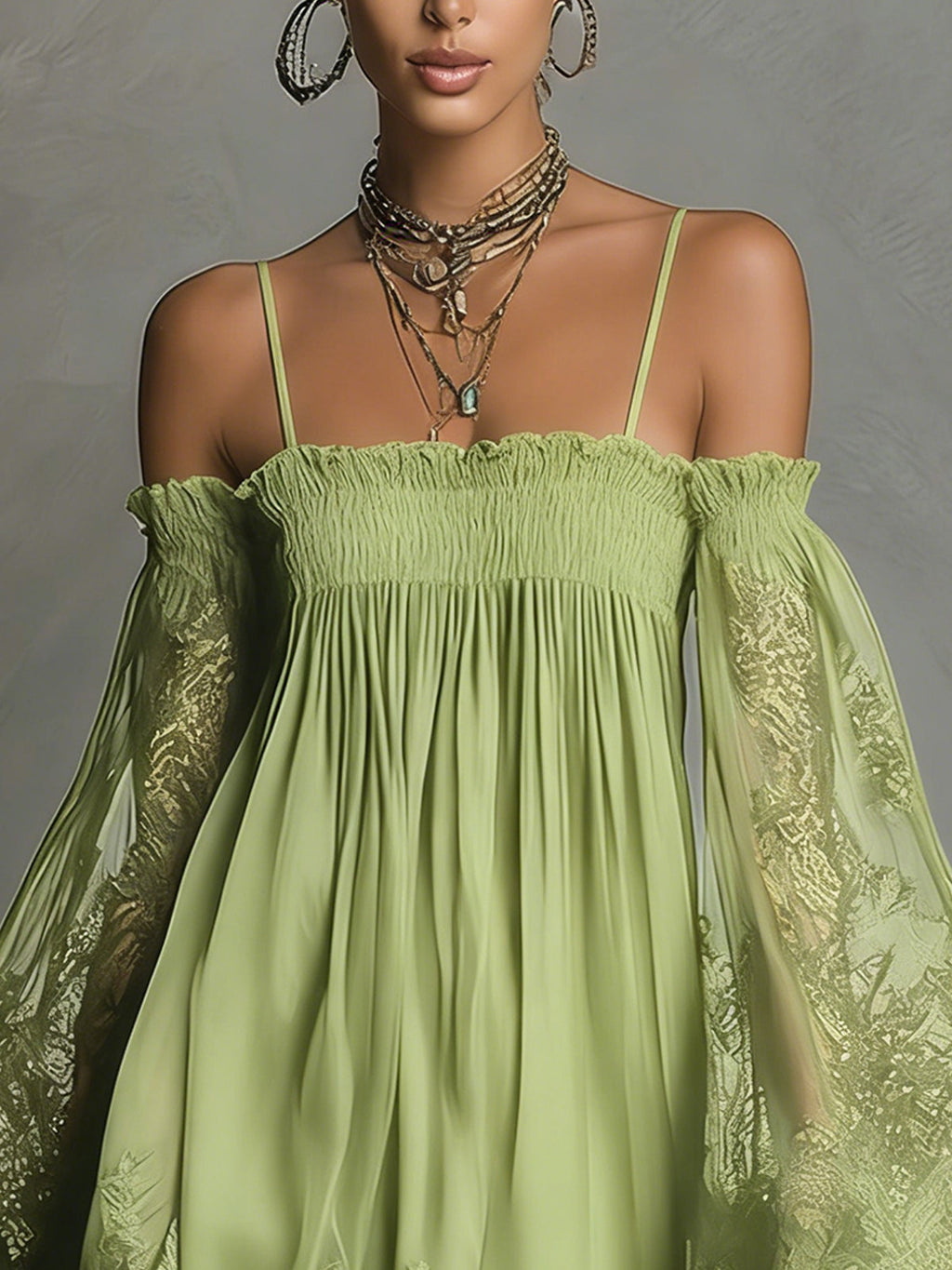 Navy Off-Shoulder Lace Trim Chiffon Mini Dress with Sheer Sleeves