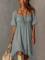 Blue Pleated Lace Midi Dress