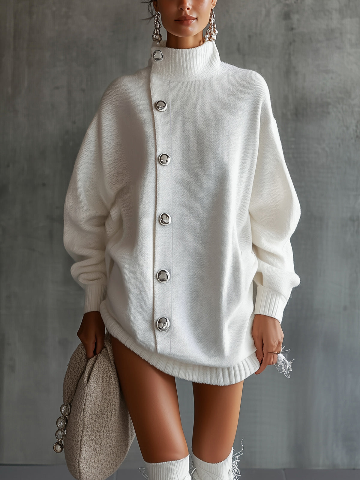 White Oversized Buttoned Roll Neck Jumper Dress